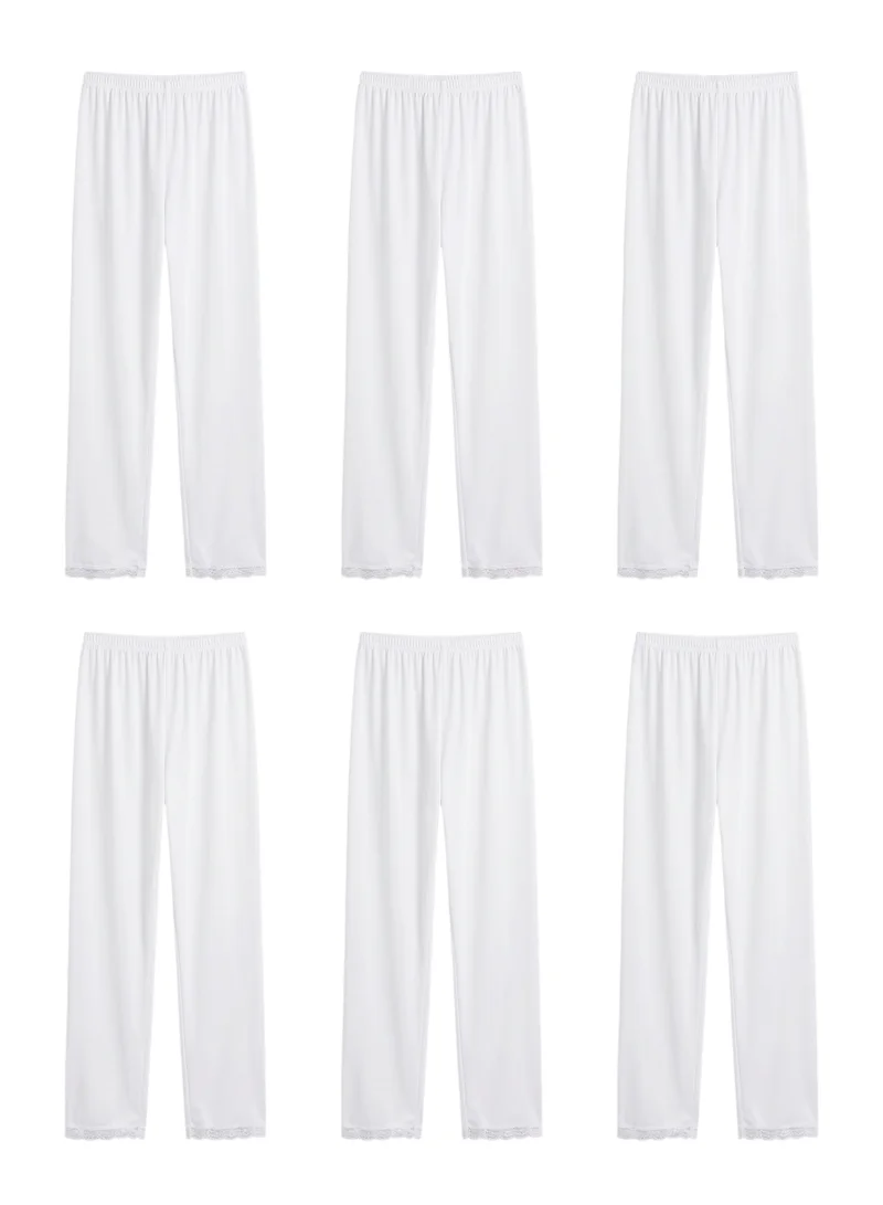 بيداني Women’s White Thermal Base Layer Underwear Pants with Lace Trim – 6-Pack Soft Elastic Waist Long Underpants