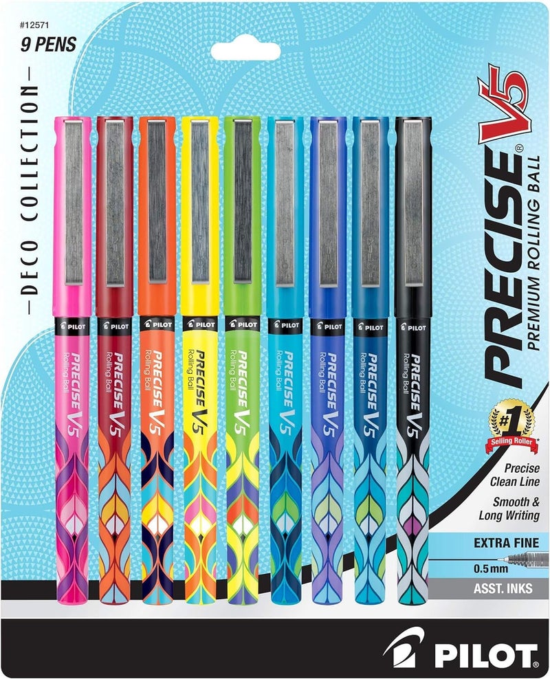 Pilot Precise V5 Capped Liquid Ink Rollerball Pens, Deco Collection, Extra Fine Point Ink Pens 0.5 mm, Colored Pens, Assorted Colors, Pack of 9 - Ideal for School, Journaling, & Office Writing - Image 1