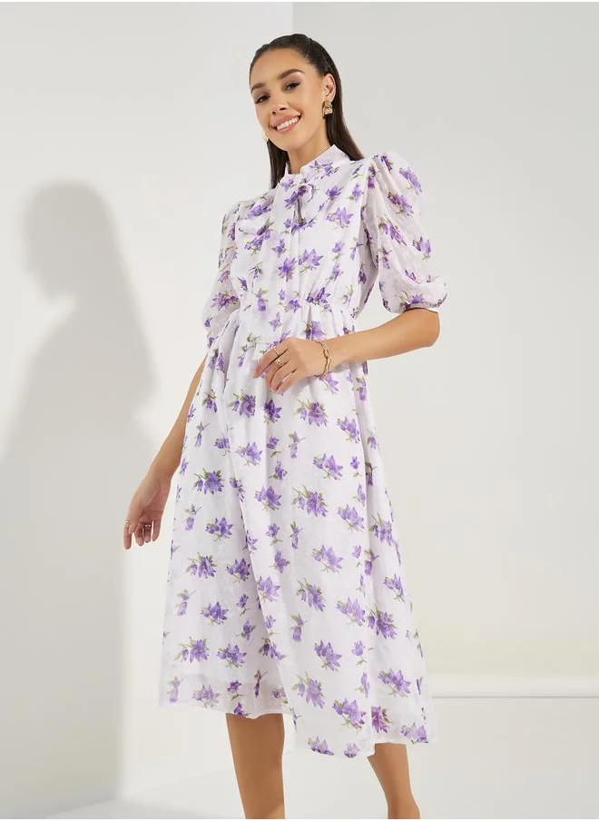 Styli Tie-Up Neck Floral Midi Dress