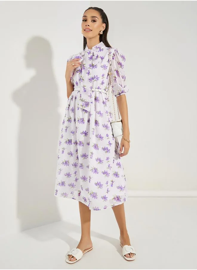 ستايلي Tie-Up Neck Floral Midi Dress