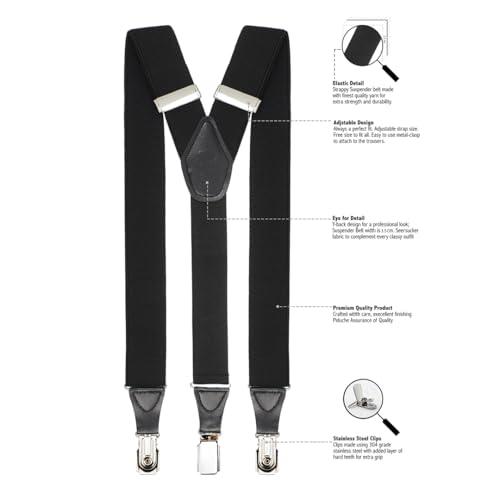 Peluche Solid Black Black Coloured 3.5cm Strap Width Elastic Suspenders for Men - Image 3