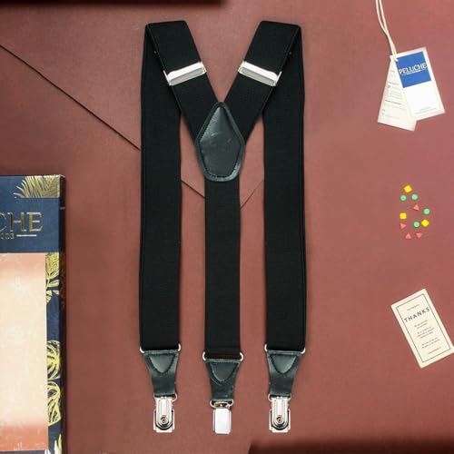 Peluche Solid Black Black Coloured 3.5cm Strap Width Elastic Suspenders for Men - Image 2