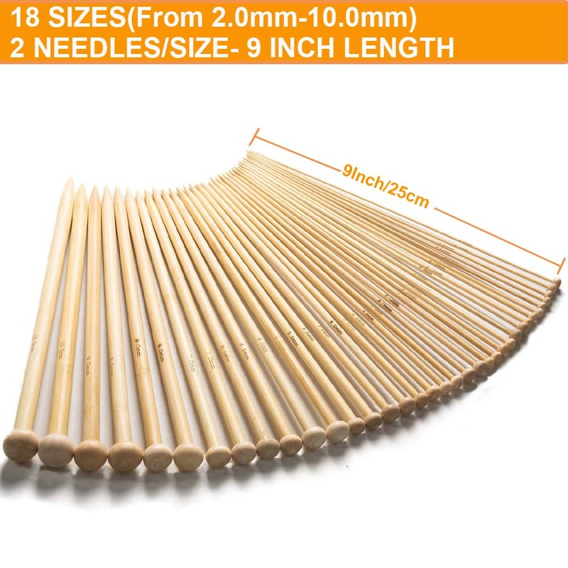 BetyBedy 36PCS Bamboo Knitting Needles Set, BetyBedy Single Pointed Knitting Needles, 9 Inches Length Knitting Crochet Supplies for Beginners Handmade (18 Sizes from 2.0mm-10.0mm) - Image 4