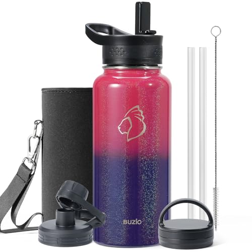 BUZIO 32 oz Water Bottle Insulated with Straw & 3 lid and Carrying Pouch, Leak Proof Anti-Slip Stainless Steel Water Flask Jug, Cold for 48 Hrs Double Vacuum Thermo Canteen, Pearlescent Red Black - Image 1