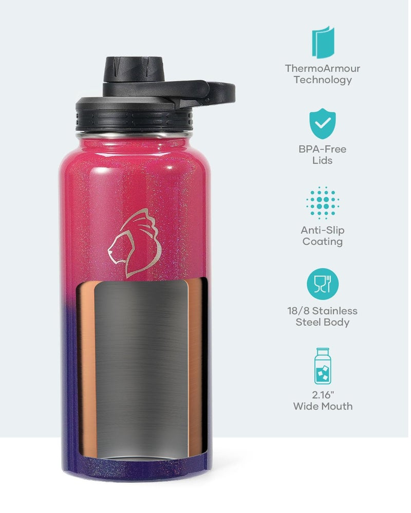 BUZIO 32 oz Water Bottle Insulated with Straw & 3 lid and Carrying Pouch, Leak Proof Anti-Slip Stainless Steel Water Flask Jug, Cold for 48 Hrs Double Vacuum Thermo Canteen, Pearlescent Red Black - Image 4