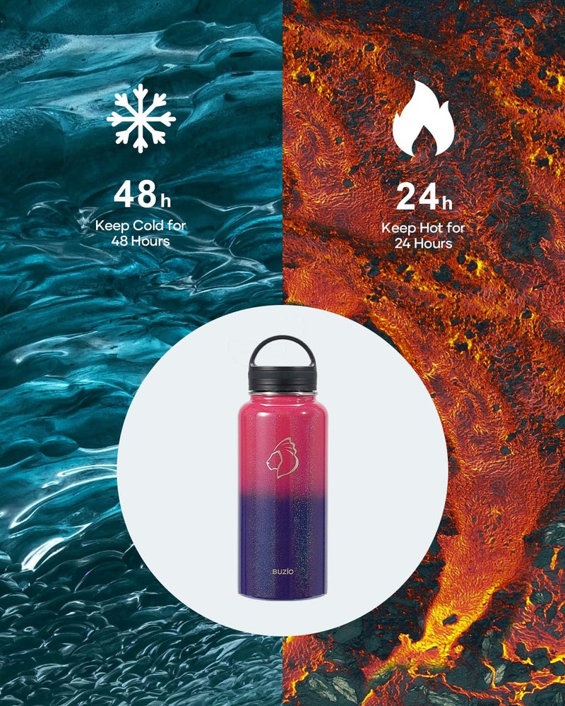BUZIO 32 oz Water Bottle Insulated with Straw & 3 lid and Carrying Pouch, Leak Proof Anti-Slip Stainless Steel Water Flask Jug, Cold for 48 Hrs Double Vacuum Thermo Canteen, Pearlescent Red Black - Image 2