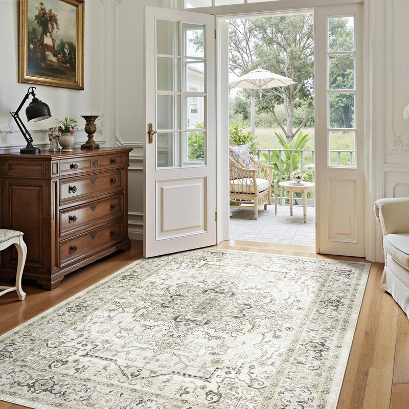 Lofus 5x7 Area Rugs for Living Room, Washable Area Rug, Rugs for Bedroom, Kitchen, Vintage Boho Carpet, Soft Non-Slip, Low Pile Large Area Rug for Office Dining Room, Beige and Brown - Image 2