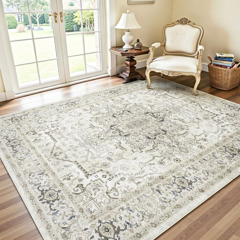 Lofus 5x7 Area Rugs for Living Room, Washable Area Rug, Rugs for Bedroom, Kitchen, Vintage Boho Carpet, Soft Non-Slip, Low Pile Large Area Rug for Office Dining Room, Beige and Brown - Image 1