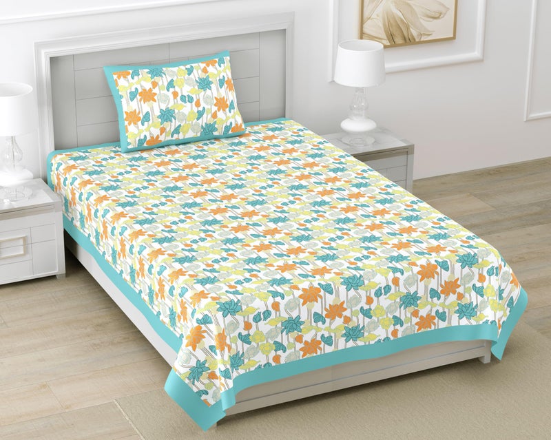 DE CAMA Since 1997 | 100% Cotton 240 TC Premium Single Size Bedsheet for Single Bed (60 x 90 Inch) with 1 Pillow Cover (17 x 27 Inch) Designer Printed Bedsheet Set - Floral Sky Blue - Image 1