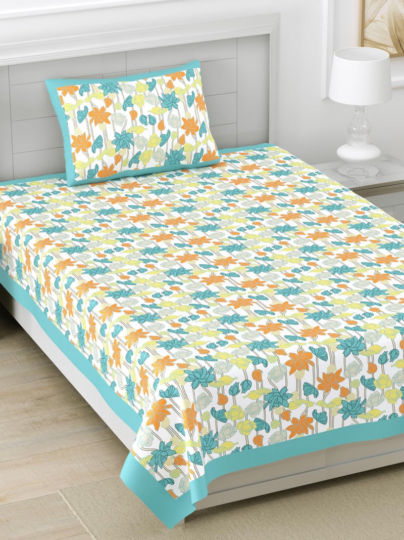 DE CAMA Since 1997 | 100% Cotton 240 TC Premium Single Size Bedsheet for Single Bed (60 x 90 Inch) with 1 Pillow Cover (17 x 27 Inch) Designer Printed Bedsheet Set - Floral Sky Blue - Image 5