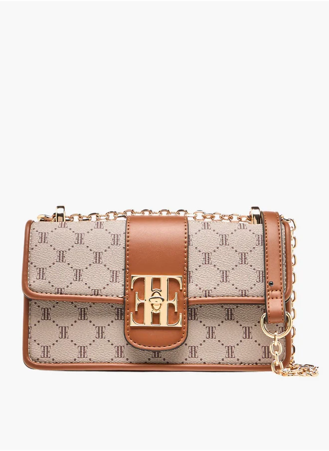 ايل Women's Monogram Print Crossbody Bag with Chain Strap and Flap Closure