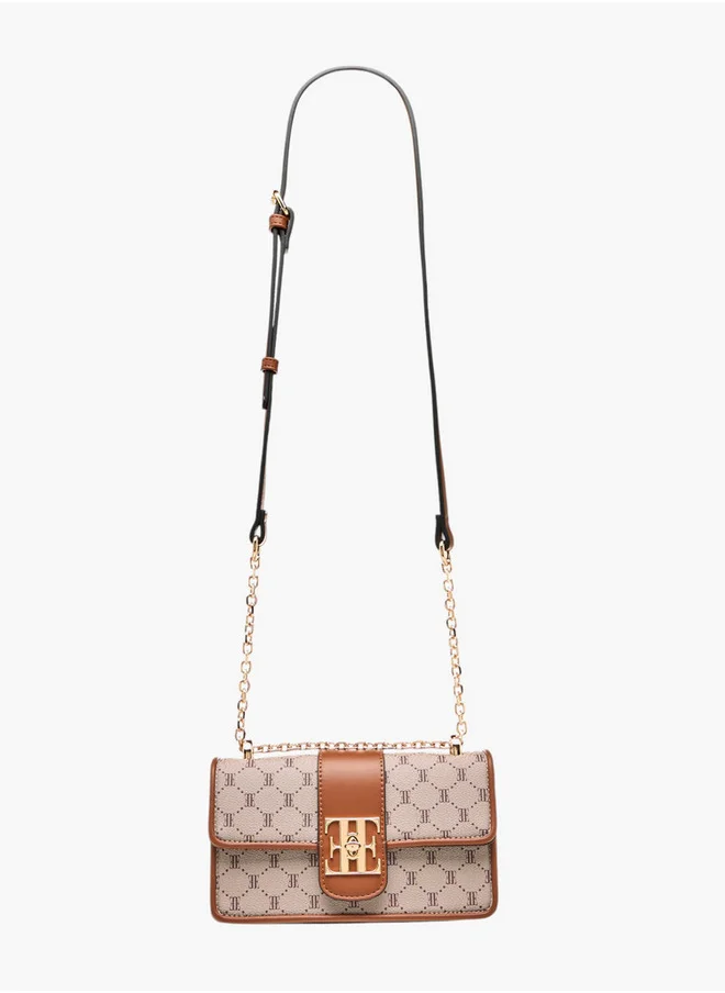 ايل Women's Monogram Print Crossbody Bag with Chain Strap and Flap Closure