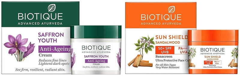 Biotique كريم الشمس بيولوجي من بيوتيك بخلاصة خشب الصندل SPF 50 UVA/UVB لجميع أنواع البشرة في الشمس، كريم يومي مغذي للشباب بخلاصة الزعفران البيولوجي 50 جرام - Image 1