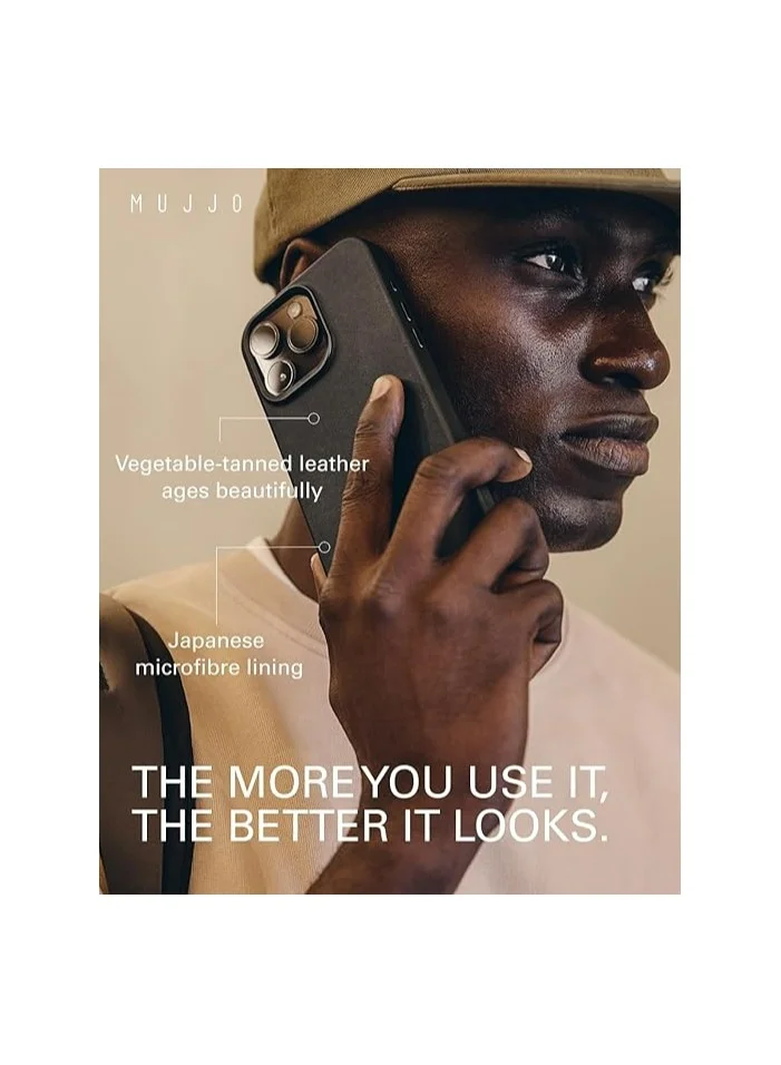 Mujjo iPhone 16 Pro Max with the Full Leather Case in Black with MagSafe. Crafted from premium leather, this luxurious case combines elegance and durability, providing a sleek, sophisticated look while offering superior protection.