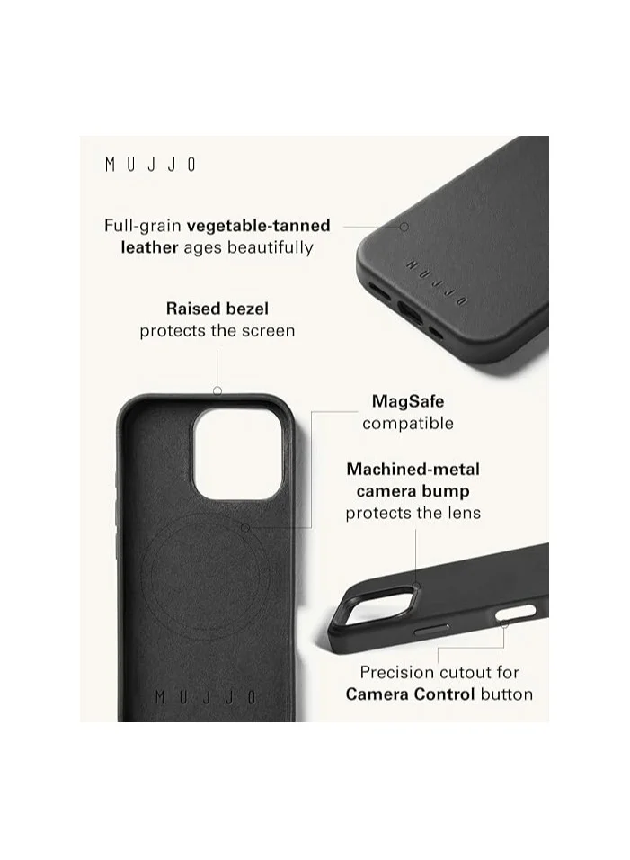 Mujjo iPhone 16 Pro Max with the Full Leather Case in Black with MagSafe. Crafted from premium leather, this luxurious case combines elegance and durability, providing a sleek, sophisticated look while offering superior protection.