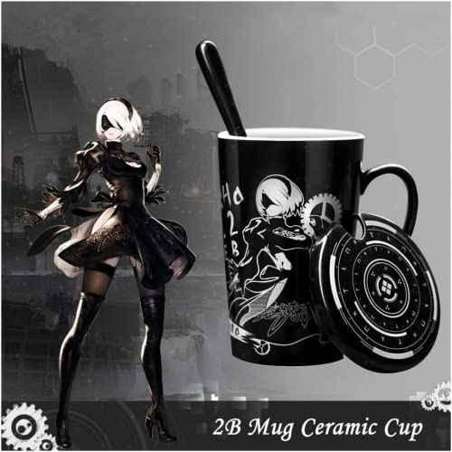 damdos Coffee Mugs for Automata Cosplay 2B Coffee Cup Ceramic Mugs With Lid Daily Drink Tea Milk Coffee Glass(12 Oz) - Image 2