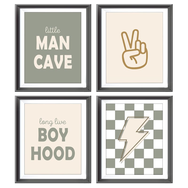 AEHIE Little Man Cave Retro Preppy Checkered Lightning Peace Sign Long Live Boyhood Poster Prints for Boy Teen Room Dorm Decor,Preppy Decorations Prints Wall Art Unframed 4pcs 8x10inches,Teen Boys Gifts - Image 1