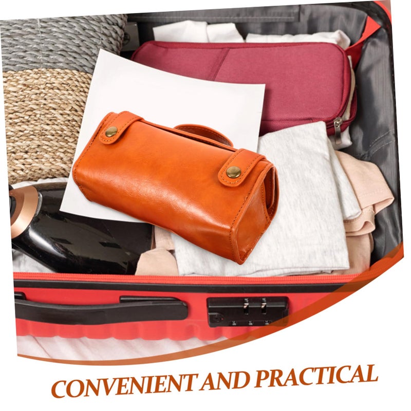 Large Capacity Brown PU Leather Travel Shaver Case Multiple Compartments Portable Storage Bag - Image 4