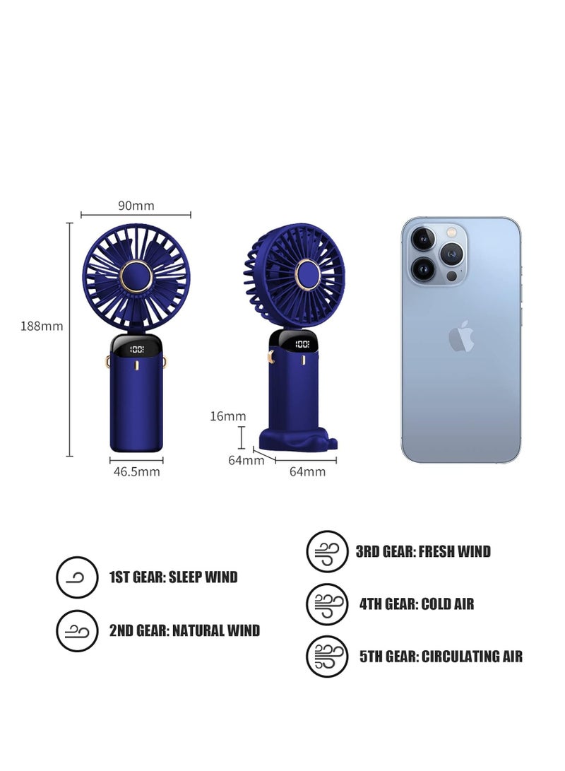 GUDOO Hand Held Fan,Portable Handheld USB Rechargeable Fans with 5 Speeds,9000mah，Battery Operated Mini Fan Foldable Desk Desktop Fans with LED Display for Home Office Bedroom Outdoor Travel (DarkBlue) - Image 4