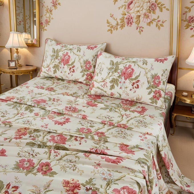KING SIZE SHEETS SET FLORAL BEDDING CHINOISERIE BLOSSOM FARMHOUSE LUXURY GRANDMILLENNIAL BEDDING COLLECTIONS 100 EGYPTIAN COTTON DEEP POCKET 4 PIECES ASIAN STYLE BOTANICAL TREE BRANCHES