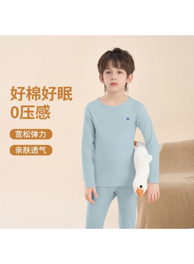 Dingguagua [class A 100% Cotton] Boys' Thermal Underwear Set Autumn Clothes Gray Blue M (crew Neck) 160