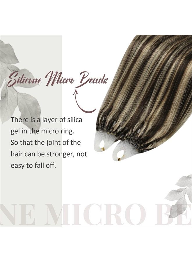Moresoo Microbead Hair Extensions 16 Inch Highlighted Hair Extensions Color #4 Chocolate Brown Mixed with #27 Caramel Blonde Micro Loop Hair Extensions Real Human Hair 50g/50s - Image 3