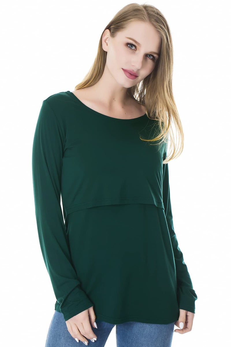 Smallshow Women's Nursing Tops Long Sleeve Shirts for Breastfeeding 3-Pack Medium Brown-Deep Green-White Stripe - Image 4