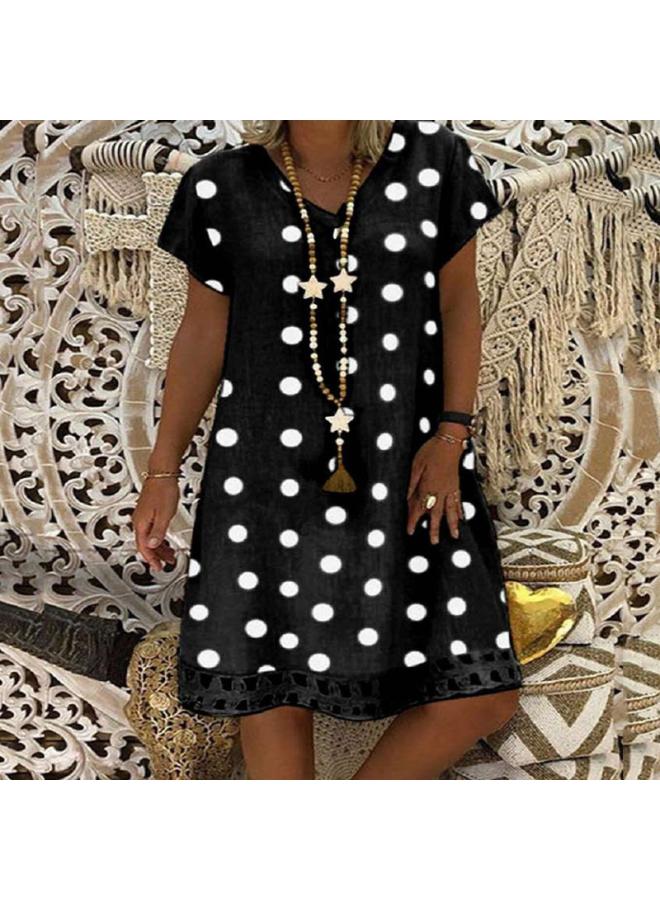 Spring And Summer New European And American Women's Dress Fashion Pollae Short Sleeve V-neck Printed Skirt