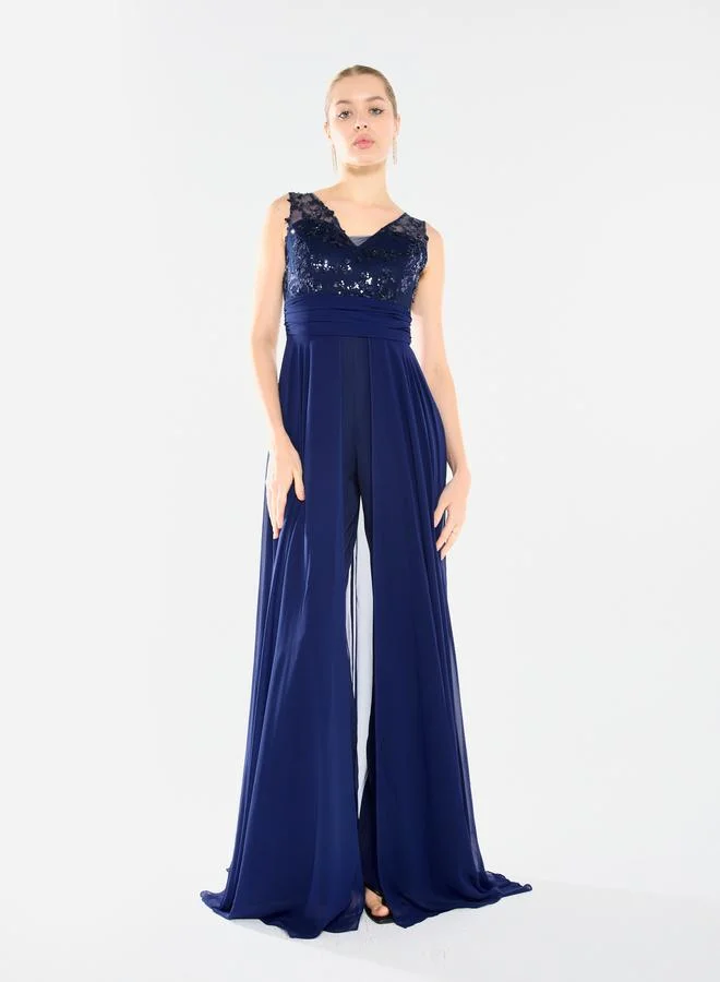 House of Moda Women Sequin Bodice Overlay Jumpsuit