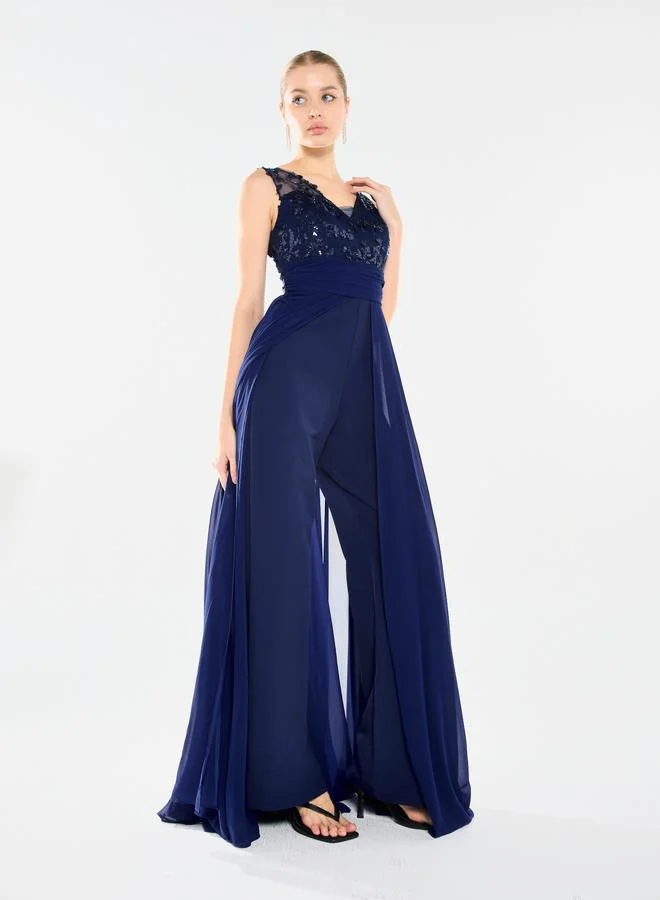 House of Moda Women Sequin Bodice Overlay Jumpsuit