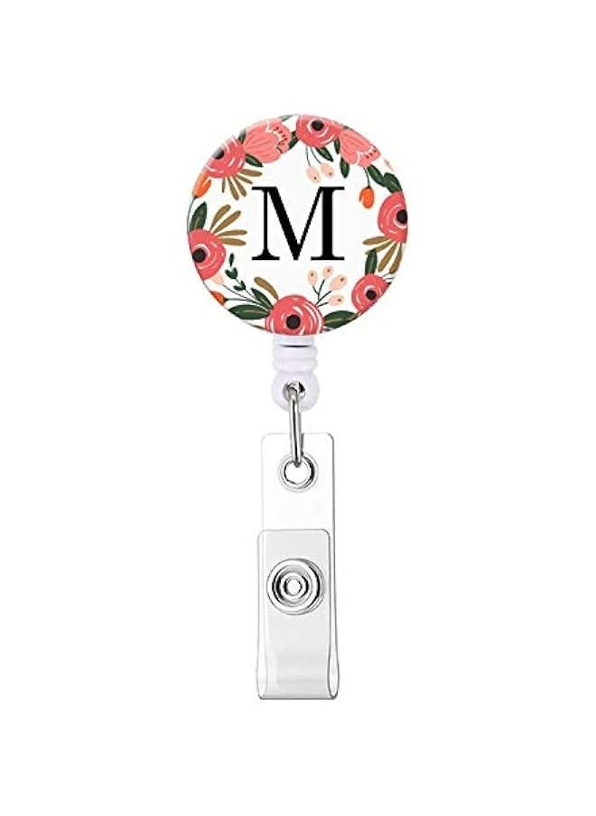 Generic Floral Wreath Letter M Badge Reel: Retractable ID Card Holder Nurse Decorative Clip  - Image 1