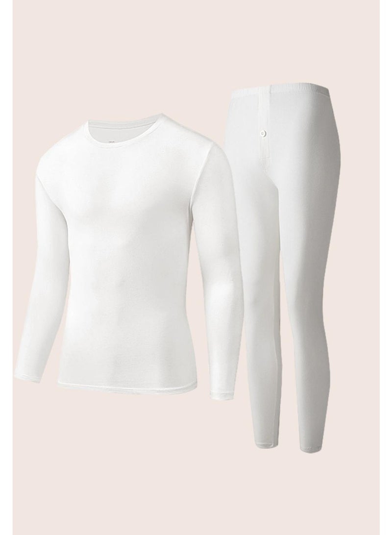 NIBEMINENT Sleepwear For Men Solid Color Winter Pajama Long Sleeve Top And Trousers Set Solid Thermal Undershirt - Image 1