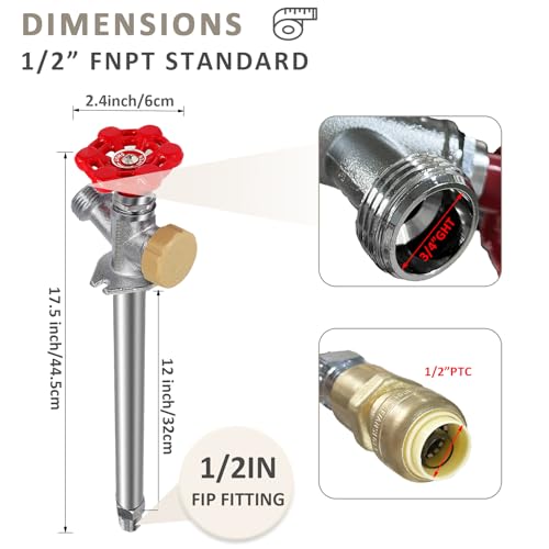 Young dance 12inch Anti-Siphon Frost Free Sillcock, No Lead Brass Frost Proof Outdoor Faucet Bib with Backflow Preventer, 1/2" Push-to-Fit Connector X 3/4 Inch Hose Bibb Frost Free Spigot - Image 3