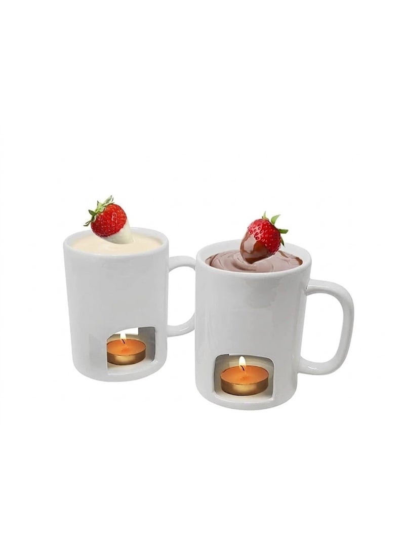 Kovot Personal Fondue Mugs Set of 2 | Ceramic Mugs for Chocolate or Cheese | Includes Forks and Tealights| Double Vented (White) - Image 3