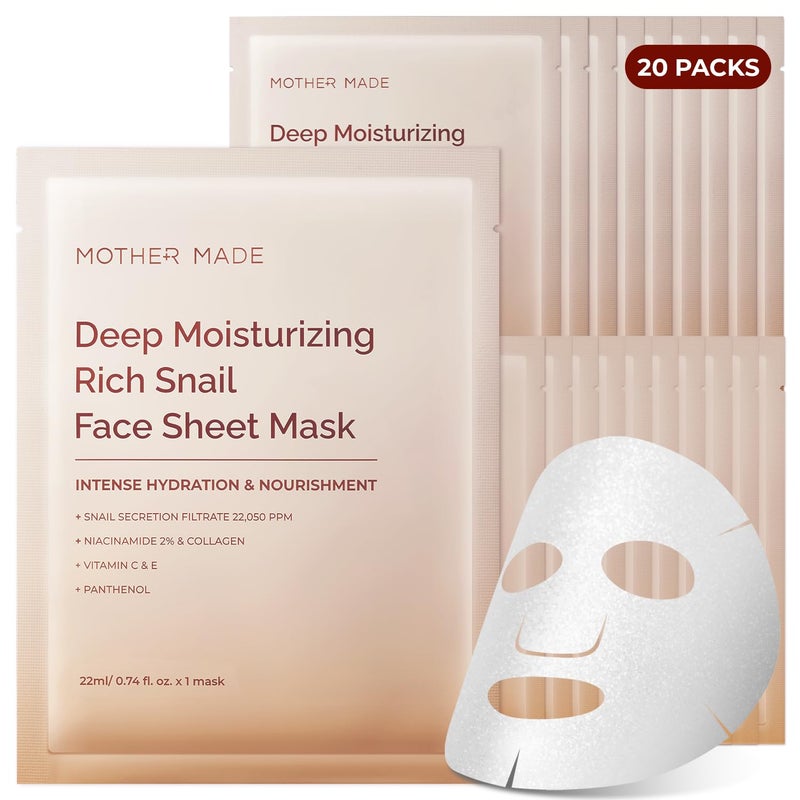 MOTHER MADE أقنعة الوجه المرطبة المضادة للشيخوخة من MOTHER MADE بمادة المخاط من الحلزون 20 قطعة، مع الكولاجين، النياسيناميد 2%، السكوالان، قناع للوجه للبشرة الجافة والحساسة، هدايا صغيرة، العناية الذاتية، العناية بالبشرة الكورية - Image 1