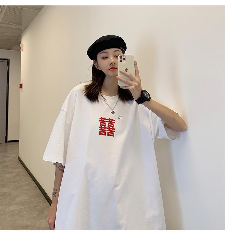 Couple outfit size 300kg Xi Zi printed short sleeve T-shirt women's summer fat mm240 kg casual loose Joker coat - Image 1