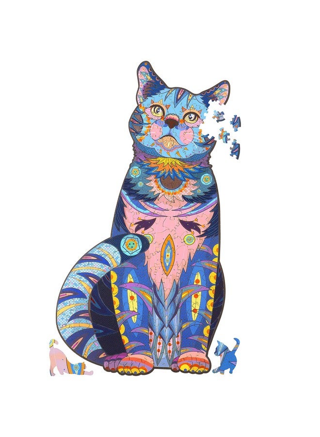 ألغاز خشبية للبالغين، ألغاز خشبية على شكل قطة زرقاء مع قطع على شكل حيوانات، لغز فريد على شكل قطة خشبية لجميع الأعمار، مثالي للتحدي والهدايا (6.1×11 بوصة) 100 قطعة س - Image 1