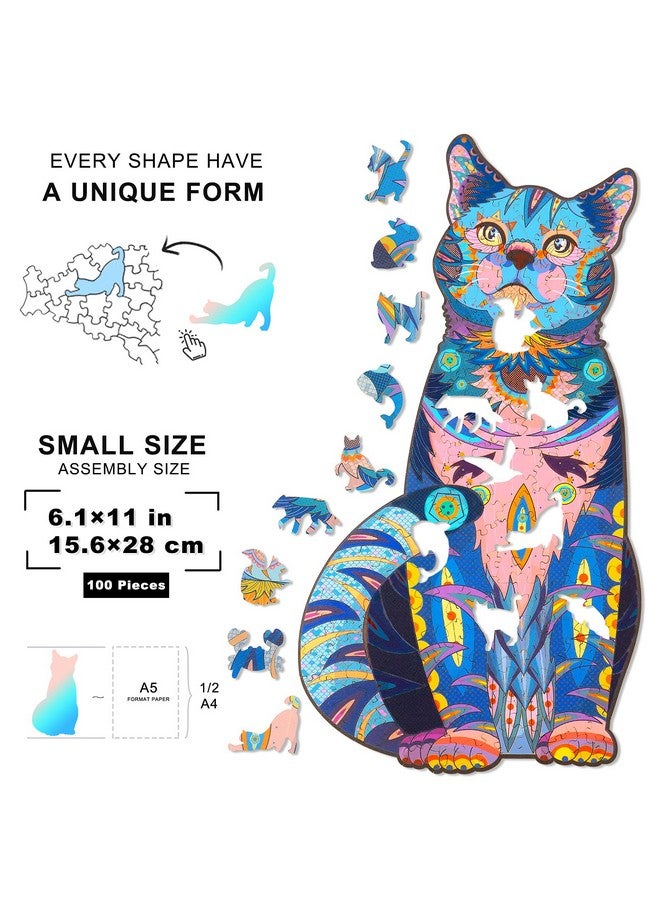ألغاز خشبية للبالغين، ألغاز خشبية على شكل قطة زرقاء مع قطع على شكل حيوانات، لغز فريد على شكل قطة خشبية لجميع الأعمار، مثالي للتحدي والهدايا (6.1×11 بوصة) 100 قطعة س - Image 3
