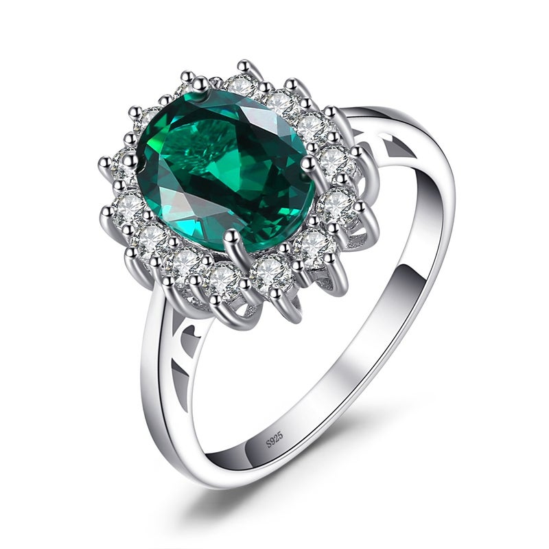 JewelryPalace Princess Diana Kate Middleton Class Gemstone Birthstone Green Emerald Halo Statement Engagement Rings for Women, Anniversary 14K Gold Plated 925 Sterling Silver Promise Rings for Her 7 - Image 1