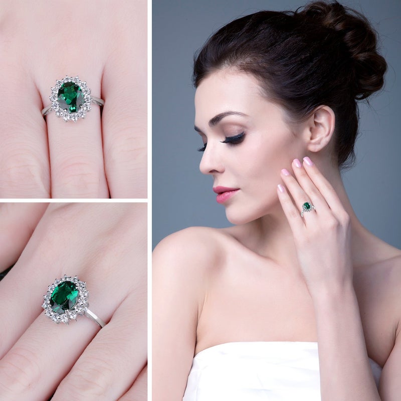 JewelryPalace Princess Diana Kate Middleton Class Gemstone Birthstone Green Emerald Halo Statement Engagement Rings for Women, Anniversary 14K Gold Plated 925 Sterling Silver Promise Rings for Her 7 - Image 5