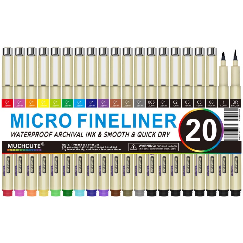 KOUSICOO Muchcute Micro Fineliner Drawing Art Pens: 20 Set (12 Colors & 8 Black) Extra Fine Line Waterproof Ink Artist Supplies Archival Inking Ultra Thin Markers Sketch Sketching Watercolor Zentangle Stuff - Image 1