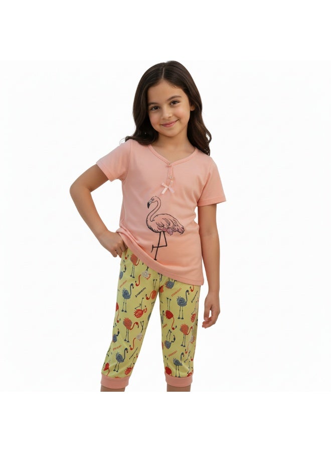 جوانا طقم بناتي بطبعة فلامنغو، قميص بأكمام قصيرة وبنطال كابري، زهري/أصفر - Image 3