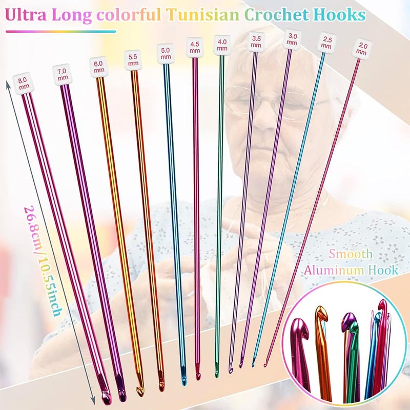 HASTHIP ® 11PCS Long Crochet Hook Set, 2.0-8mm Aluminum Knitting Needles Set Crochet Hooks, Beginners Metal Multicolour Knitting Tools Set Knitting & Crochet Supplies for Beginners - Image 2