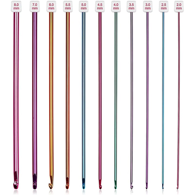 HASTHIP ® 11PCS Long Crochet Hook Set, 2.0-8mm Aluminum Knitting Needles Set Crochet Hooks, Beginners Metal Multicolour Knitting Tools Set Knitting & Crochet Supplies for Beginners - Image 1