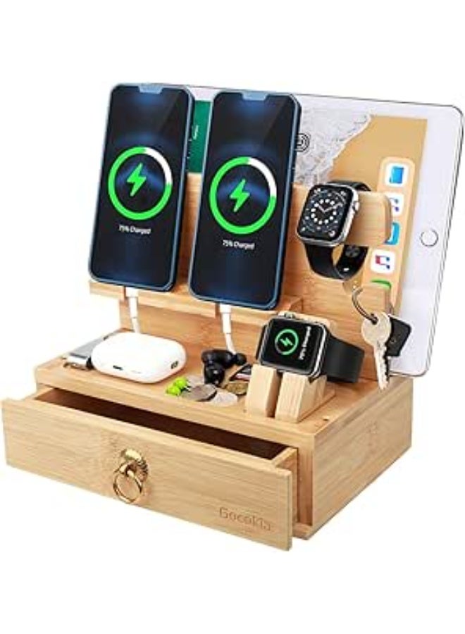 Gocokia Multifunctional Bamboo Stands, Dual Cell Phone Holder, Tablet Storage Stand, Watch Storage Hanger, Bamboo Cell Phone Holder with Drawer - Image 1