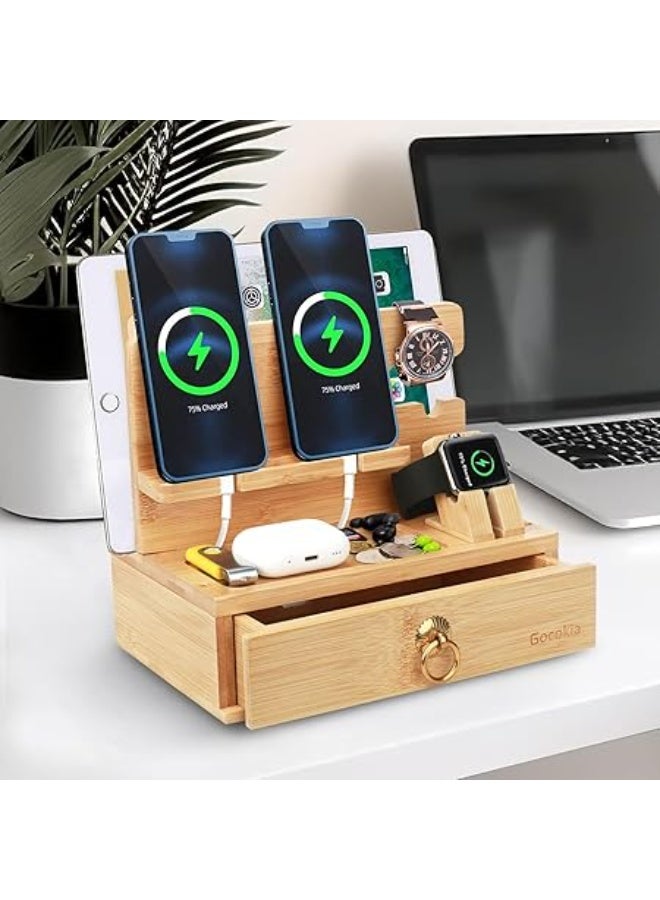 Gocokia Multifunctional Bamboo Stands, Dual Cell Phone Holder, Tablet Storage Stand, Watch Storage Hanger, Bamboo Cell Phone Holder with Drawer - Image 4