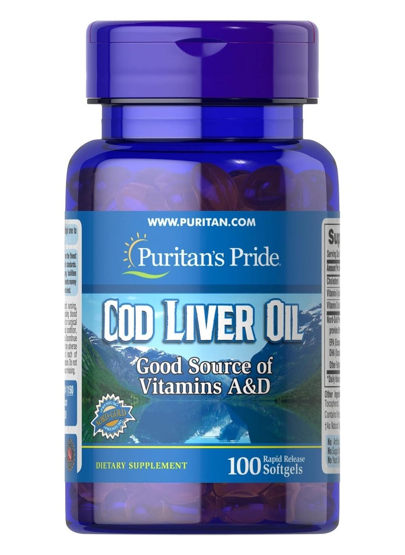 Puritan's Pride Puritan's Pride Cod Liver Oil 415 mg – 100 Softgels for Heart, Brain & Immune Support 