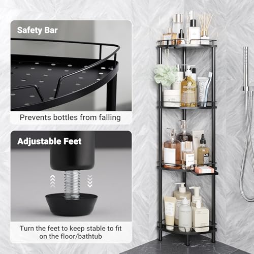 ELYKEN Corner Shower Caddy Standing, 4 Tier Rustproof Metal Shower Organizer with Soap Holder, Floor Shower Corner Shelf Rack Storage Stands with Adjustable Feet & 2 Hooks for Bathroom, Black - Image 4