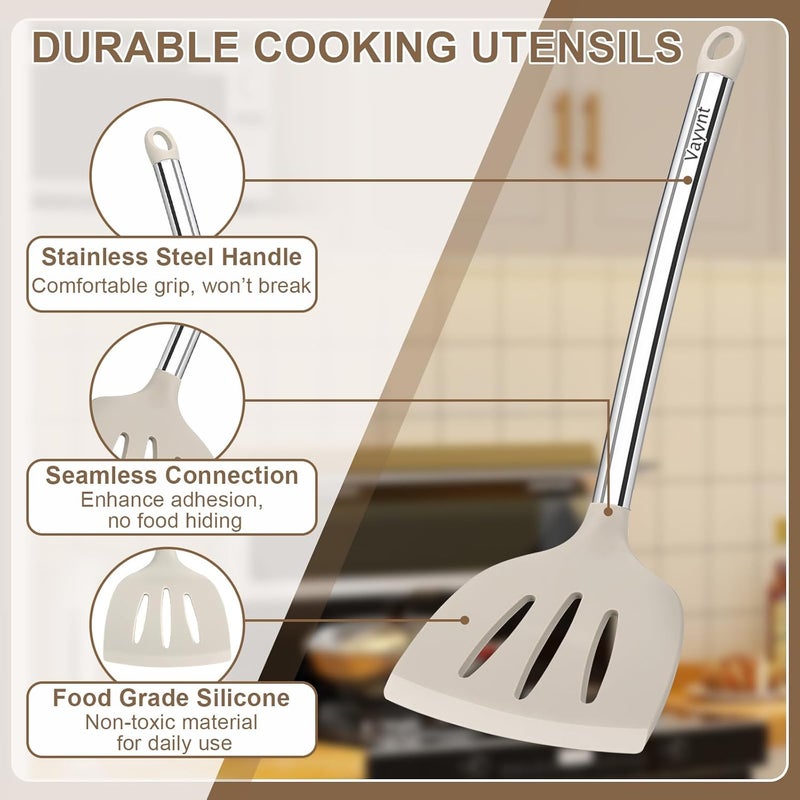 Vayvnt 8 Pieces Kitchen Utensils Set, Silicone Cooking Utensils Set for Non-Stick Cookware, Stainless Steel Handle, Heat Resistant Kitchen Gadgets Includes Large Spatula Tongs, Dishwasher Safe, Khaki - Image 3