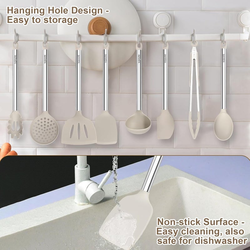 Vayvnt 8 Pieces Kitchen Utensils Set, Silicone Cooking Utensils Set for Non-Stick Cookware, Stainless Steel Handle, Heat Resistant Kitchen Gadgets Includes Large Spatula Tongs, Dishwasher Safe, Khaki - Image 5